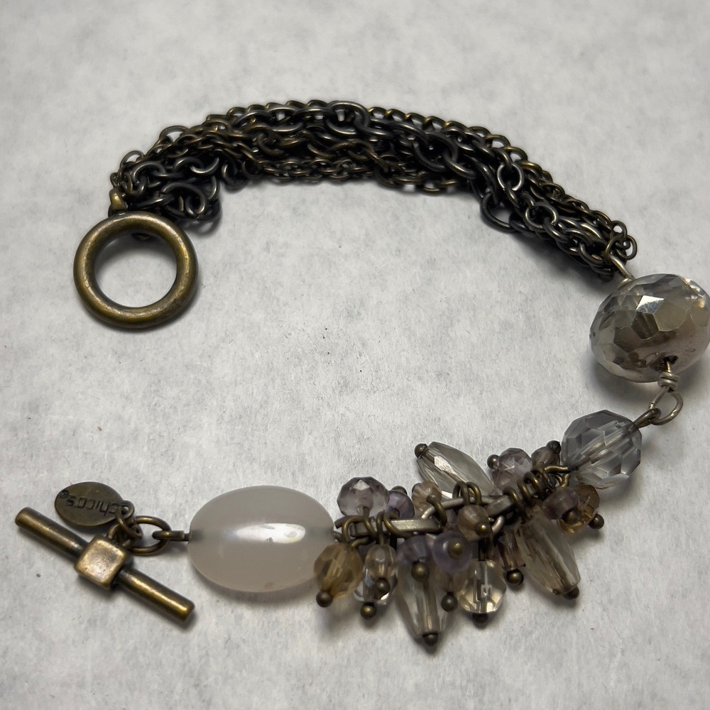 Chicos Bracelet Toggle Closure Mixed Beads Antique Brass Tone 5 Strand Chunky‎